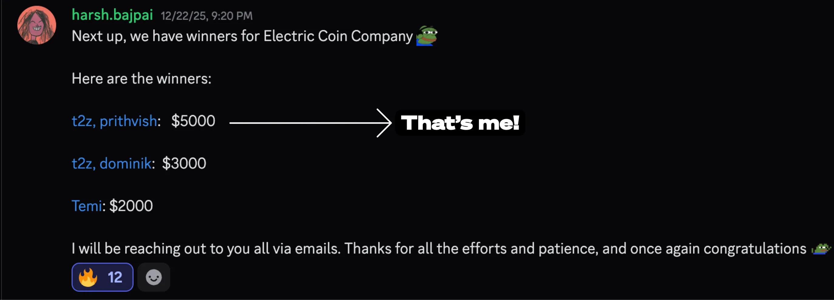 t2z winner announcement - 1st place Electric Coin Company track